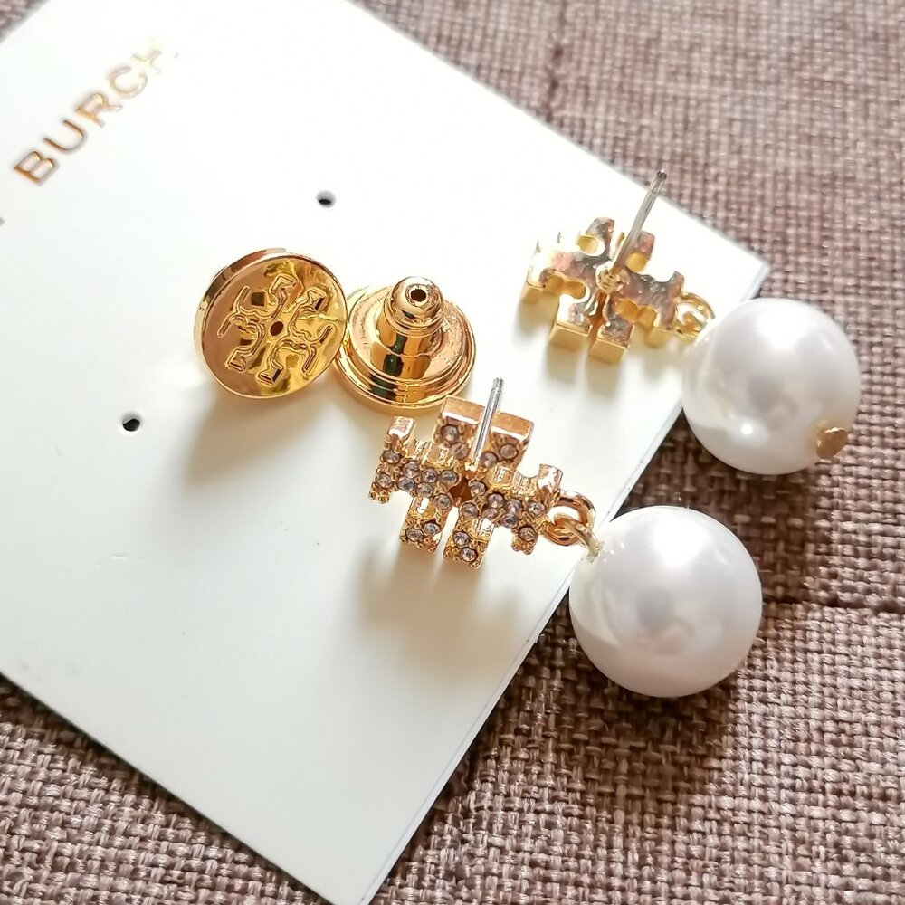 Logo Pearl Gold Clear Crystal Drop Earrings by Tory Burch - Picture 4 of 4